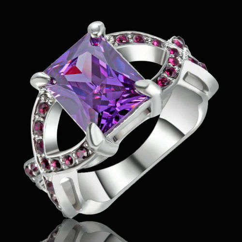 Stunning 10KT White Gold Filled Ring With  Purple Amethyst Crystal Size 6 US
