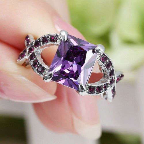 Stunning 10KT White Gold Filled Ring With  Purple Amethyst Crystal Size 6 US