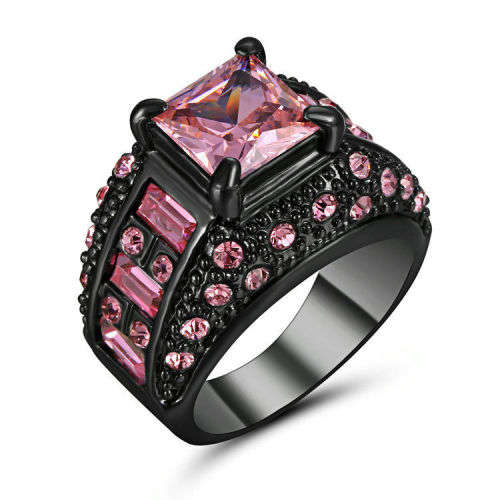 Princess Cut Pink Topaz 10K Black Gold Filled Ring Size 7 US