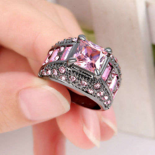 Princess Cut Pink Topaz 10K Black Gold Filled Ring Size 7 US
