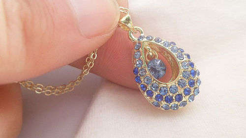 EXCUISITE!!  Yellow Gold Filled Necklace With Blue Pendant