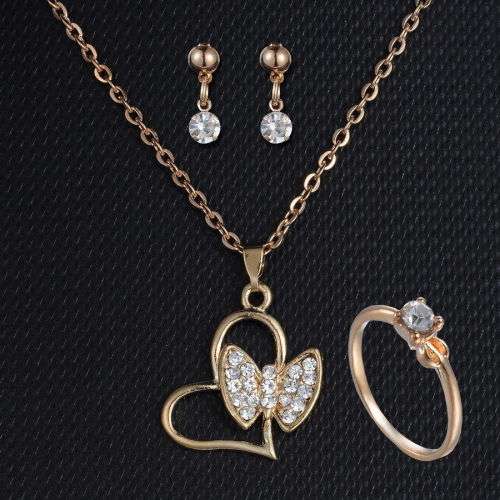 Charming Gold Necklace, Ring And Earrings Ring Set With Simulated Diamonds