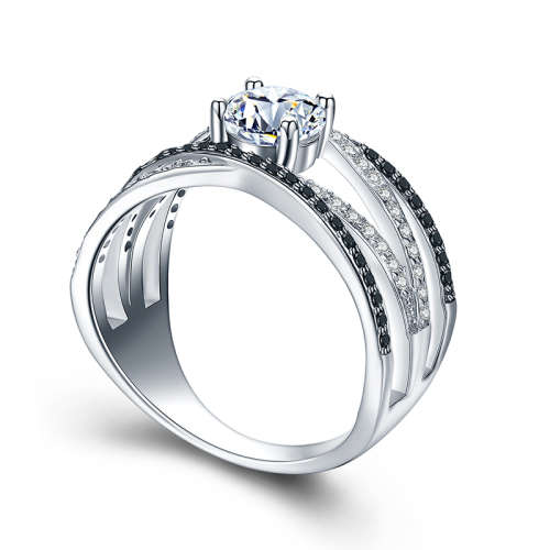 Alluring Solid Sterling Silver Black Awn Ring With 1ct Simulated Diamonds Size 7 US