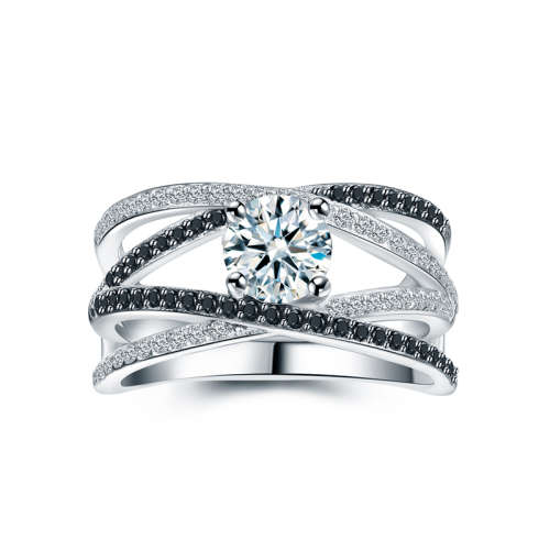 Alluring Solid Sterling Silver Black Awn Ring With 1ct Simulated Diamonds Size 7 US