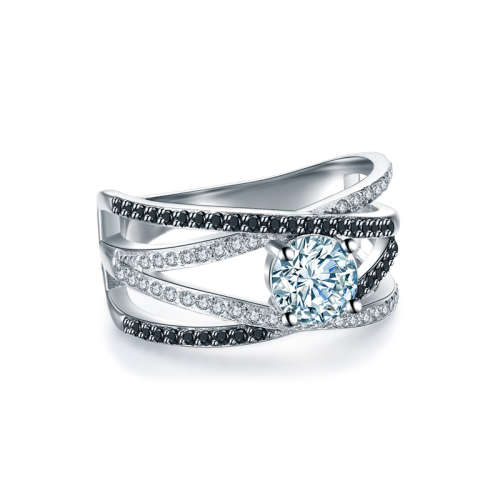 Alluring Solid Sterling Silver Black Awn Ring With 1ct Simulated Diamonds Size 7 US