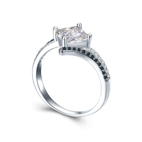 Solid Sterling Silver Black Awn Ring With Simulated Diamonds