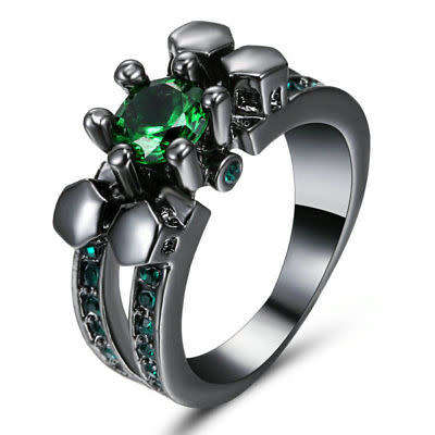 Bewitching 10KT Black Gold Filled Ring With Simulated Emeralds Size 6 US