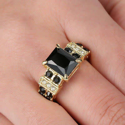 Mystic 10KT Yellow Gold Filled Ring With 4 Simulated Diamonds And 13 Black Onyx Size 6 US