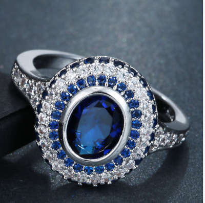 ALLURING!! White Gold Filled Saphire Ring With Simulated Diamonds Size 7 US (September Birthstone)