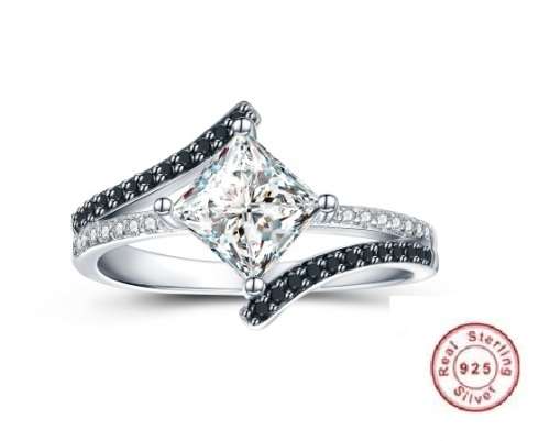 Solid Sterling Silver Black Awn Ring With Simulated Diamonds