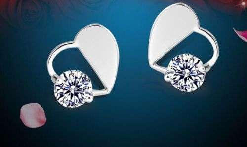 Beautiful Silver Heart Shaped Earrings With Simulated Diamonds