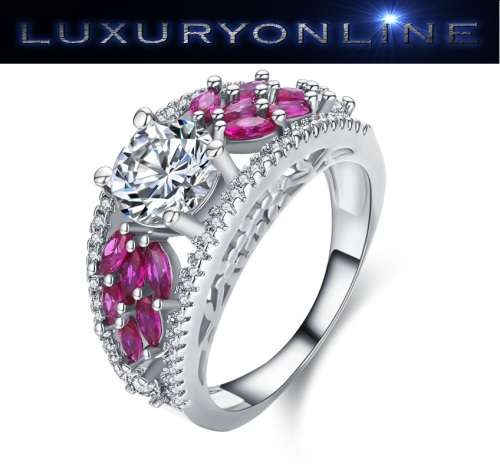 EXCUISITE!!  1.2ct Simulated Diamond With Rubellite Leaves Gold Filled Engagement Ring Size 6; 7 US