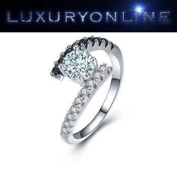 Solid Sterling Silver Black Awn Ring With Simulated Diamonds