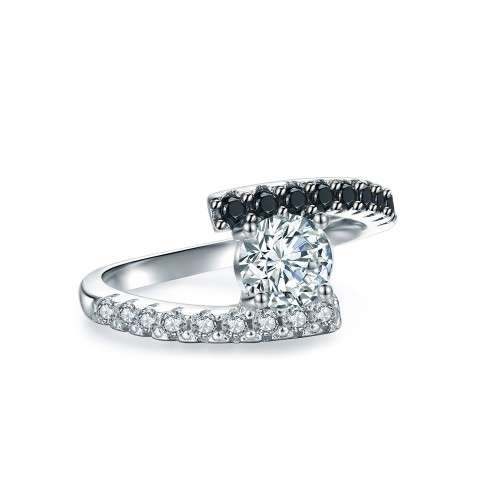 Solid Sterling Silver Black Awn Ring With Simulated Diamonds