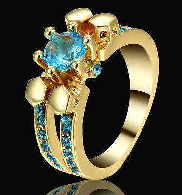 DAZZLING!! Yellow Gold Filled Ring With Simulated Aquamarine Size 7 US