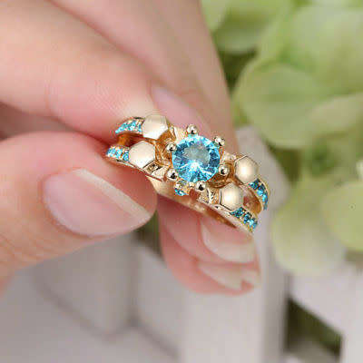 DAZZLING!! Yellow Gold Filled Ring With Simulated Aquamarine Size 7 US