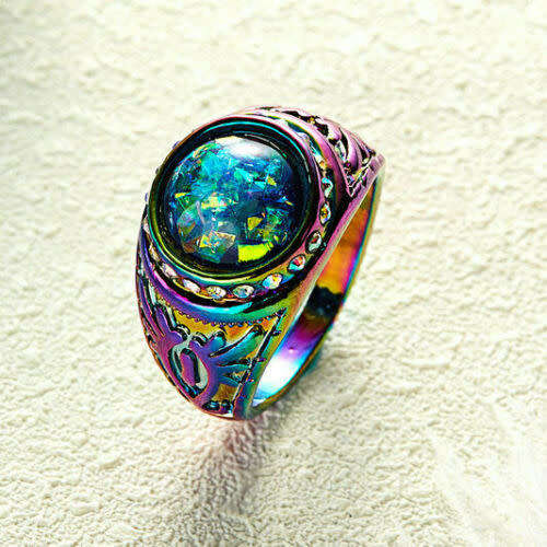 Beautiful! Blue Opal 18 Carat Rainbow Gold Filled Ring Size 8 US