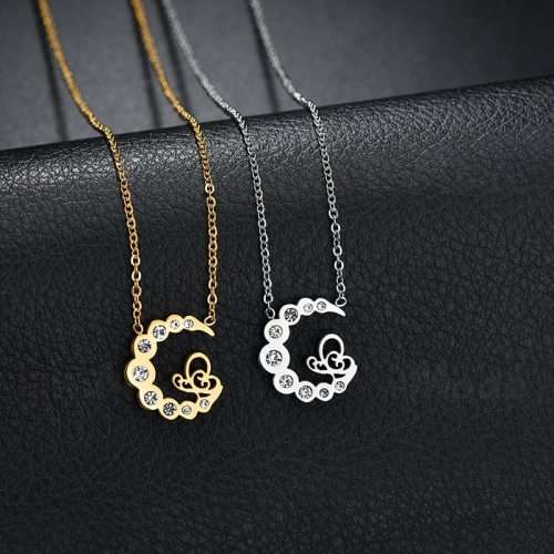 Stainless Steel "Moon" Necklace With Simulated Diamonds 50 cm **R 899** (SILVER)