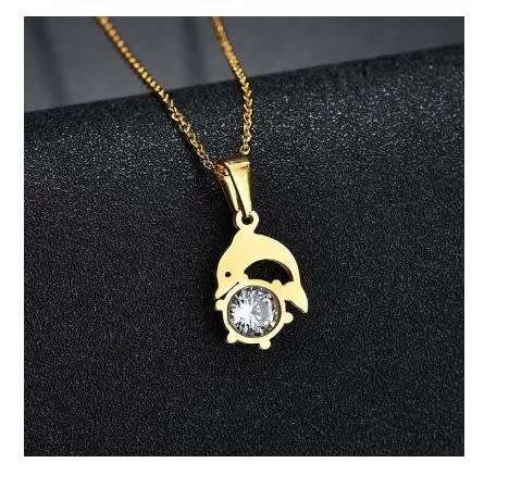 RETAIL PRICE: R 1 299 Titanium Dolphin Necklace With Simulated Diamond 50 cm GOLD