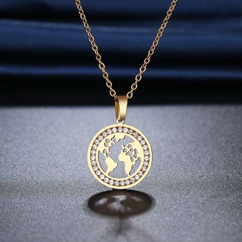 RETAIL PRICE: R 1 099 Titanium "Map Of The World" Necklace With Simulated Diamonds 45 cm (GOLD)