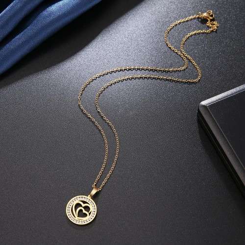 RETAIL PRICE: R 1 099 Titanium "Double Heart" Necklace With Simulated Diamonds 45 cm (GOLD)