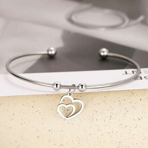RETAIL PRICE: R 1299 Adjustable Titanium "Double Heart" Charm Bangle (SILVER ONLY)