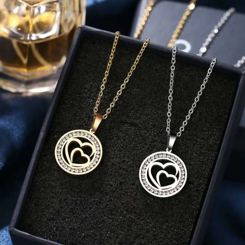 TITANIUM (NEVER FADE) Double Heart Necklace 45 cm (SILVER ONLY)