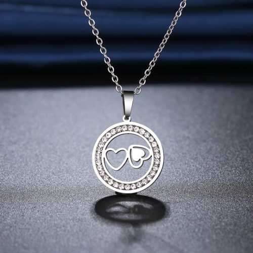 TITANIUM (NEVER FADE) DOUBLE HEART Necklace  with Simulated Diamonds 45 cm (SILVER ONLY)