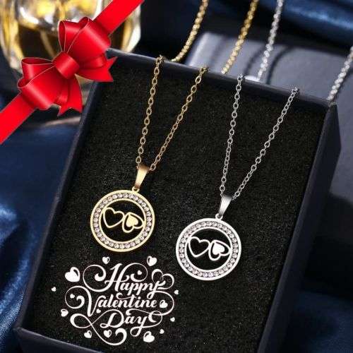 TITANIUM (NEVER FADE) DOUBLE HEART Necklace  with Simulated Diamonds 45 cm (SILVER ONLY)