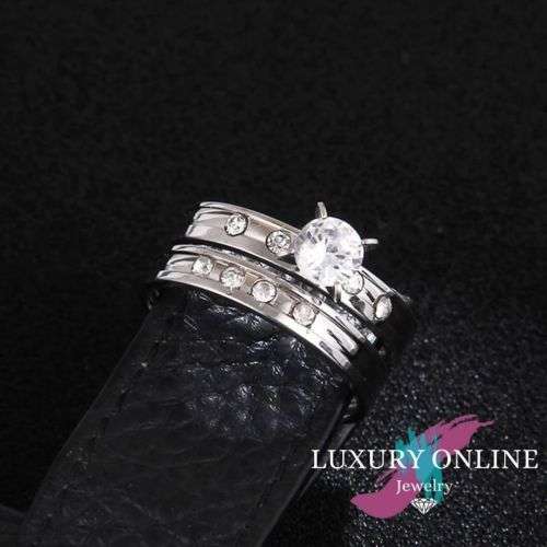 TITANIUM (NEVER FADE) DOUBLE SET Ring with Simulated Diamonds SIZE 9 US (SILVER ONLY)