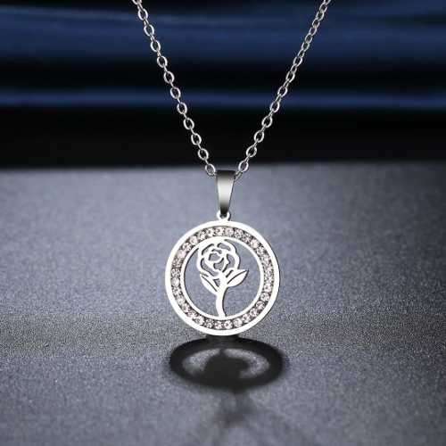 TITANIUM (NEVER FADE) ROSE Necklace with Simulated Diamonds 45cm (SILVER ONLY)