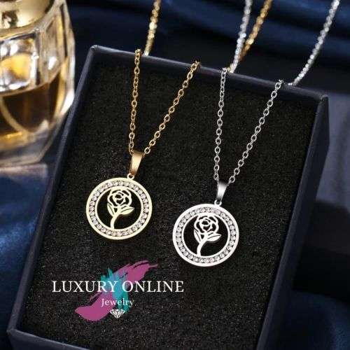 TITANIUM (NEVER FADE) ROSE Necklace with Simulated Diamonds 45cm (SILVER ONLY)