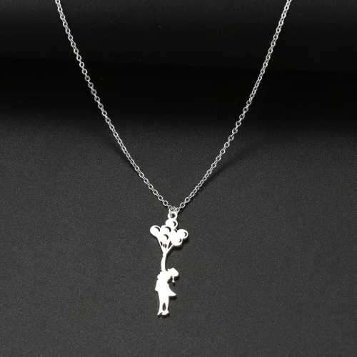 TITANIUM (NEVER FADE) GIRL WITH BALLOONS Necklace 45cm (SILVER ONLY)
