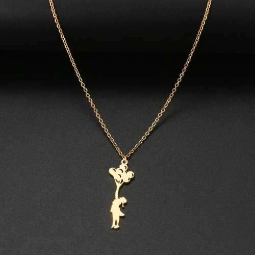 TITANIUM (NEVER FADE) GIRL WITH BALLOONS Necklace 45cm (SILVER ONLY)