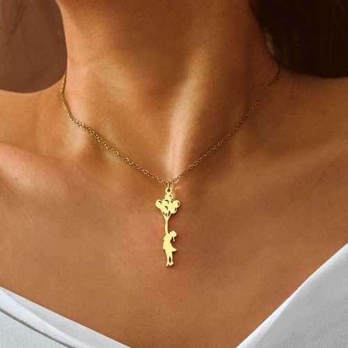 TITANIUM (NEVER FADE) GIRL WITH BALLOONS Necklace 45cm (SILVER ONLY)