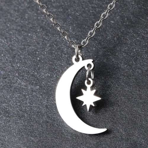 TITANIUM (NEVER FADE) MOON and STAR Necklace 45cm (SILVER ONLY)