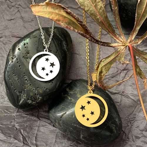 TITANIUM (NEVER FADE) MOON and STARS Necklace 45cm (SILVER ONLY)