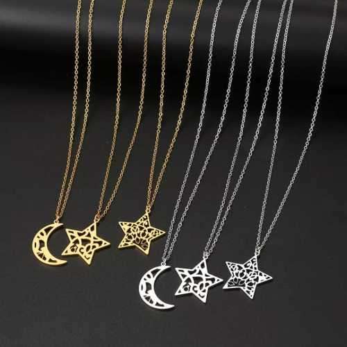 TITANIUM (NEVER FADE) PATTERN MOON Necklace 45cm (SILVER ONLY)