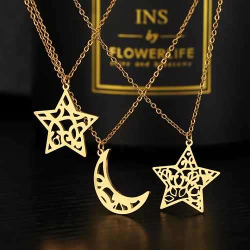 TITANIUM (NEVER FADE) PATTERN MOON Necklace 45cm (SILVER ONLY)