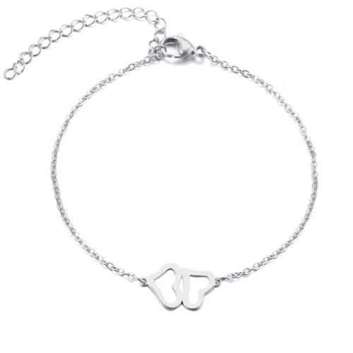 TITANIUM (NEVER FADE) DOUBLE HEART PENDANT Bracelet 20cm (SILVER ONLY)