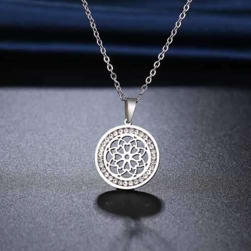 TITANIUM (NEVER FADE) "FLOWER WITH HEARTS" Necklace with Simulated Diamonds 45cm (SILVER ONLY)
