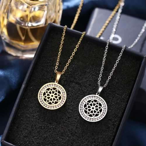 TITANIUM (NEVER FADE) "FLOWER WITH HEARTS" Necklace with Simulated Diamonds 45cm (SILVER ONLY)