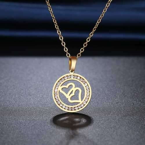 TITANIUM (NEVER FADE) "DOUBLE HOLLOW HEARTS" Necklace with Simulated Diamonds 45cm (SILVER ONLY)