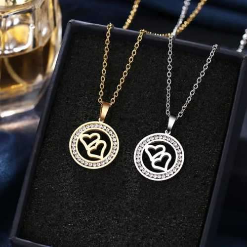 TITANIUM (NEVER FADE) "DOUBLE HOLLOW HEARTS" Necklace with Simulated Diamonds 45cm (SILVER ONLY)