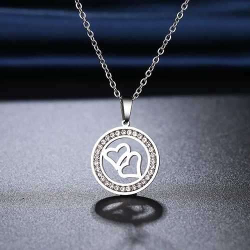 TITANIUM (NEVER FADE) "DOUBLE HOLLOW HEARTS" Necklace with Simulated Diamonds 45cm (SILVER ONLY)