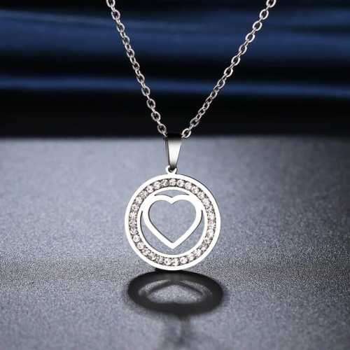TITANIUM (NEVER FADE) "HOLLOW HEART" Necklace with Simulated Diamonds 45cm (SILVER ONLY)