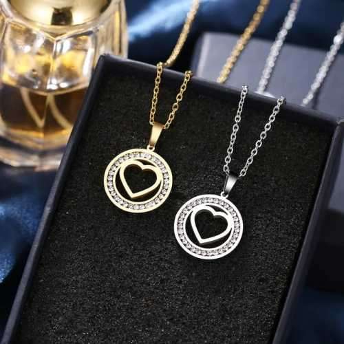 TITANIUM (NEVER FADE) "HOLLOW HEART" Necklace with Simulated Diamonds 45cm (SILVER ONLY)