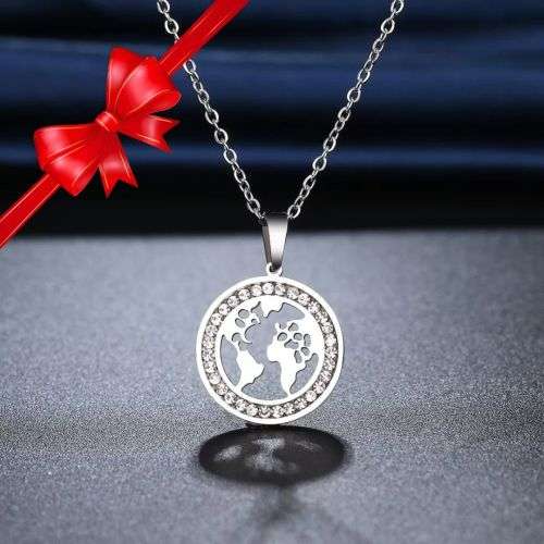Retail Price R1399 SILVER WORLD MAP Necklace with Simulated Stones 45cm TITANIUM (NEVER FADE)