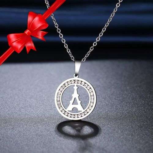 Retail Price R1399 SILVER EIFFEL TOWER Necklace with Simulated Stones 45cm TITANIUM (NEVER FADE)