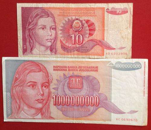 Yugoslavia - 1990 10 Dinara and 1993 1 Billion Dinara banknotes - another inflationary tale!